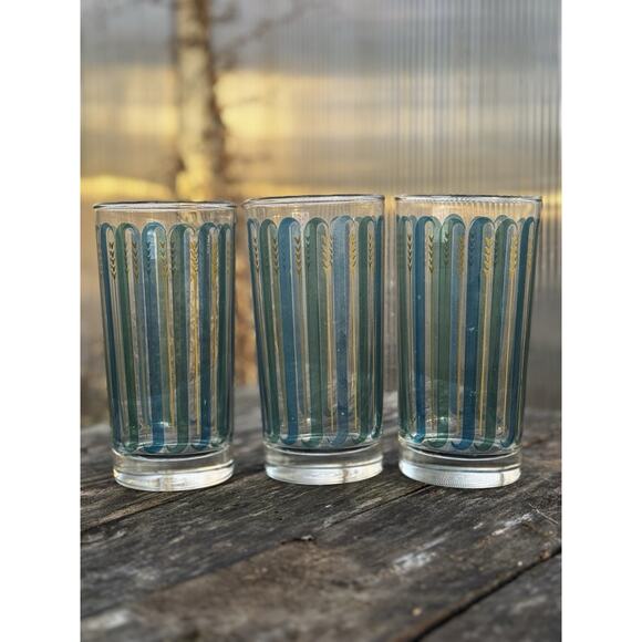 Set of 3 - Libbey - Blue, Green and Gold Wheat Drinking Glasses - Picture 1 of 7